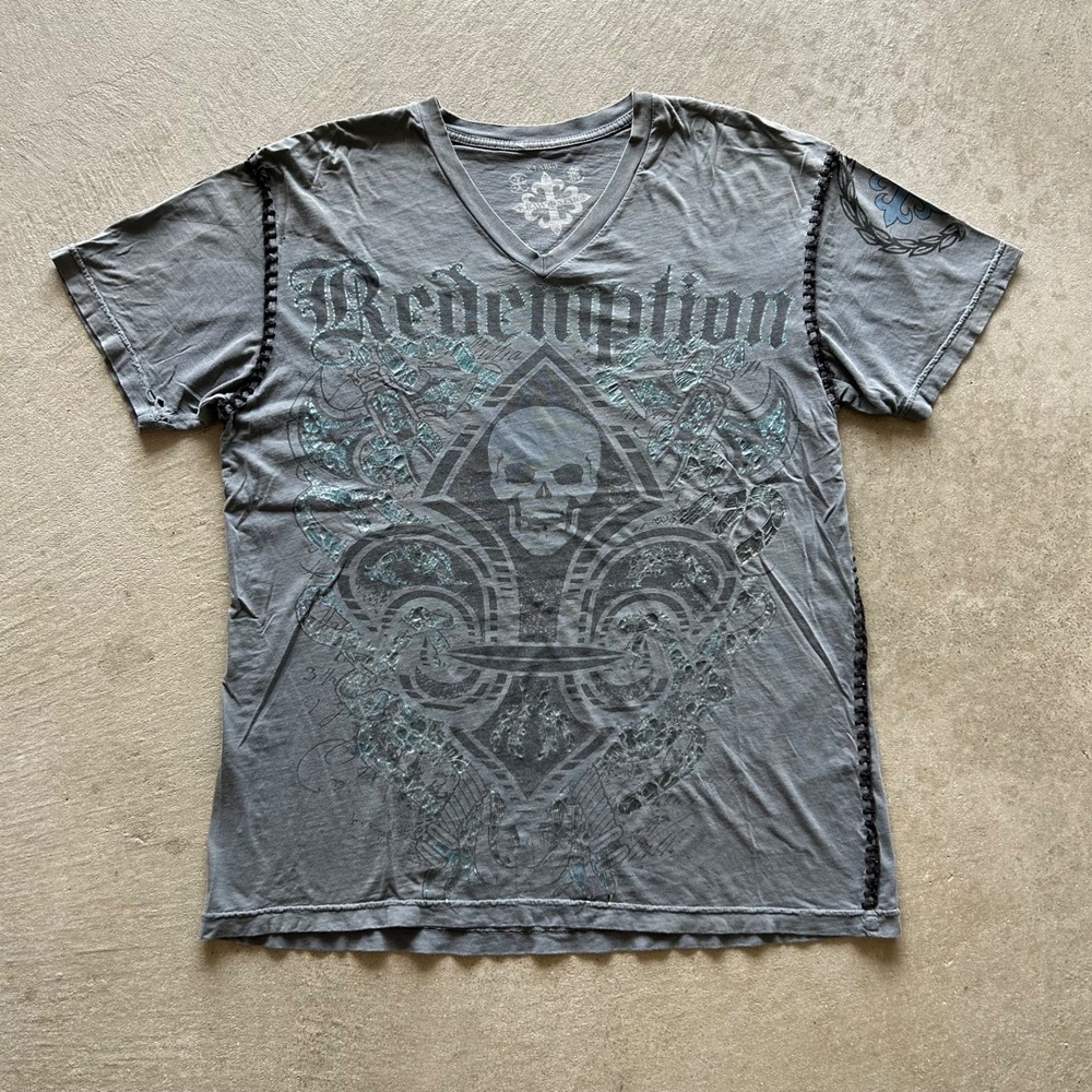 Vintage Y2K Raw State Redemption Shirt Size XL Gray V Neck Skull Punk Grunge Emo
